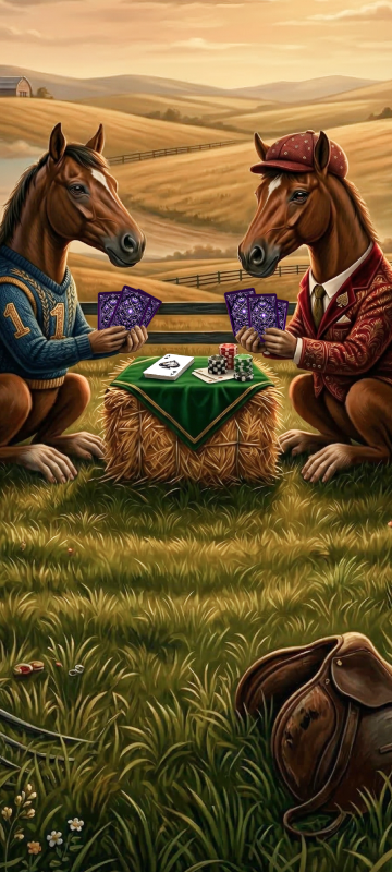 Two horses playing cards on straw bales
